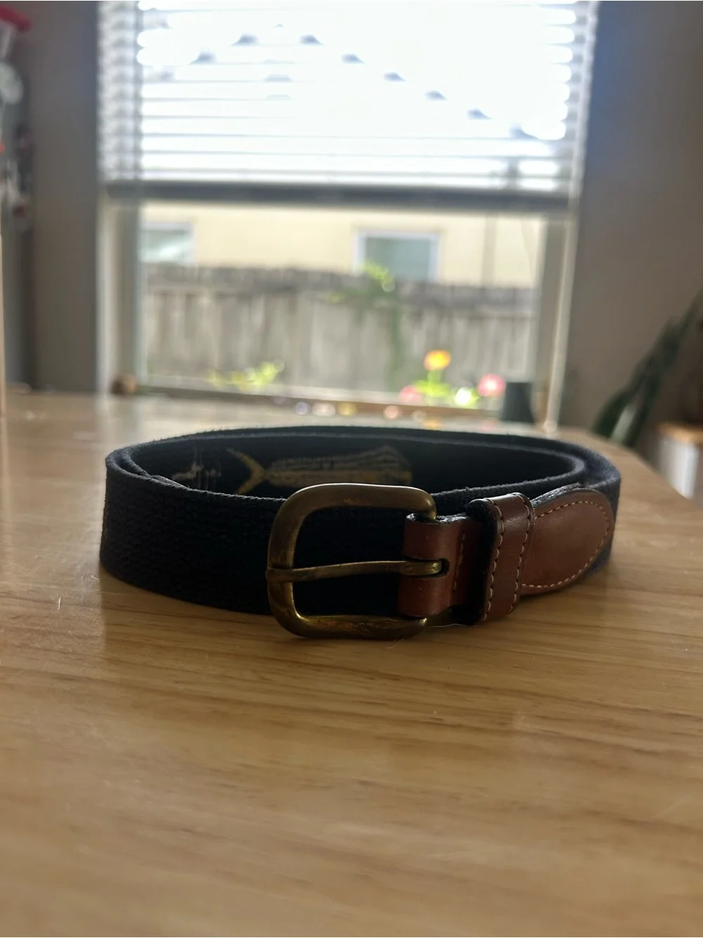 Guy Harvey Navy Web Belt with Mahi, Dolphin Fish Embroidery and Brown Leather